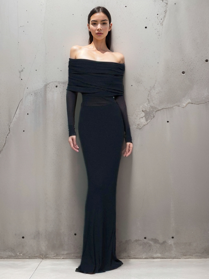 Abriella - Robe Maxi en Maille à Épaules Dégagées