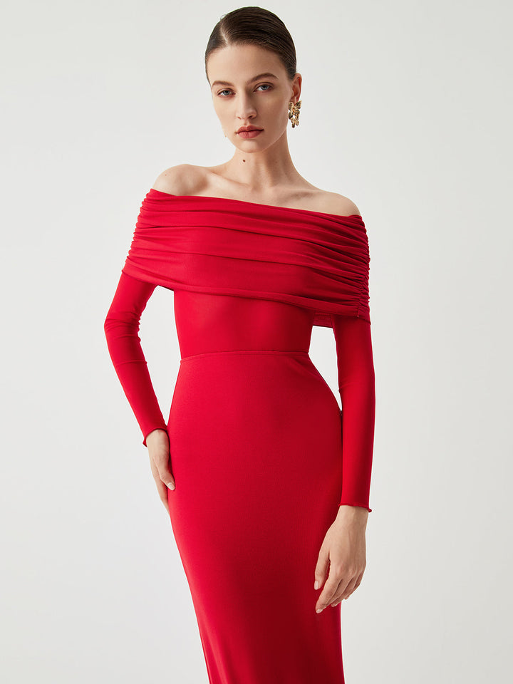 Abriella - Robe Maxi en Maille à Épaules Dégagées