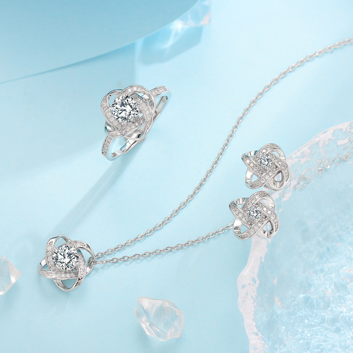 Ensemble de Nœud de Trèfle Fleur de Givre | Or Blanc