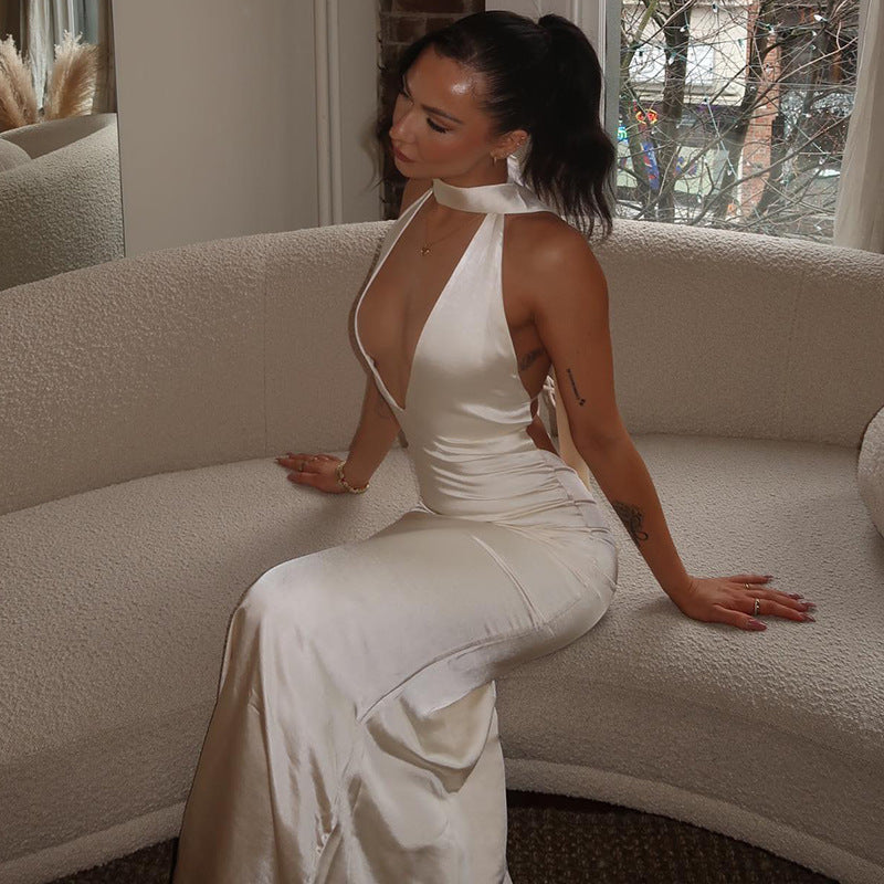 Eliane - Robe Maxi en Satin avec Nœud au Cou