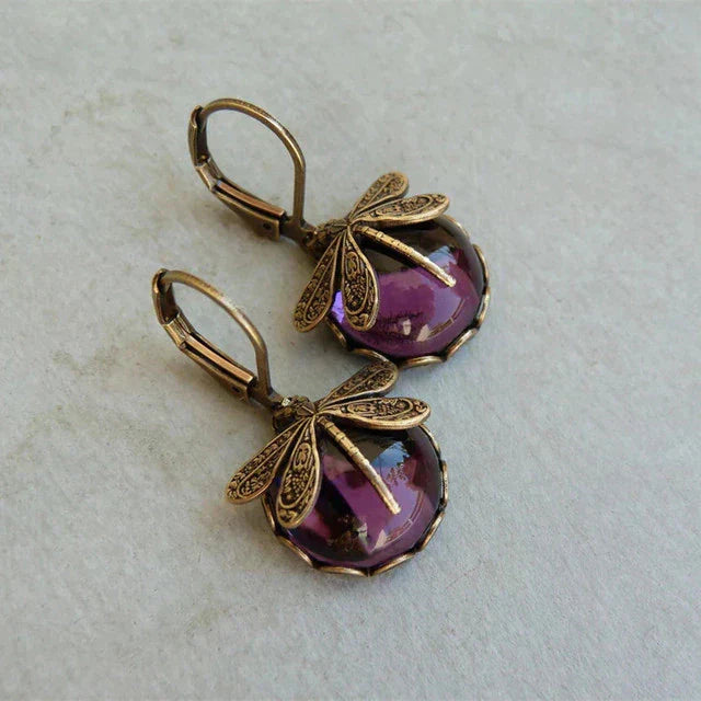 Antique Gold Dragonfly Earrings with Crystal
