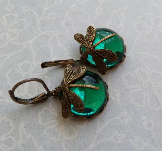 Antique Gold Dragonfly Earrings with Crystal