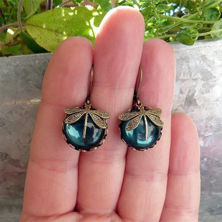 Antique Gold Dragonfly Earrings with Crystal
