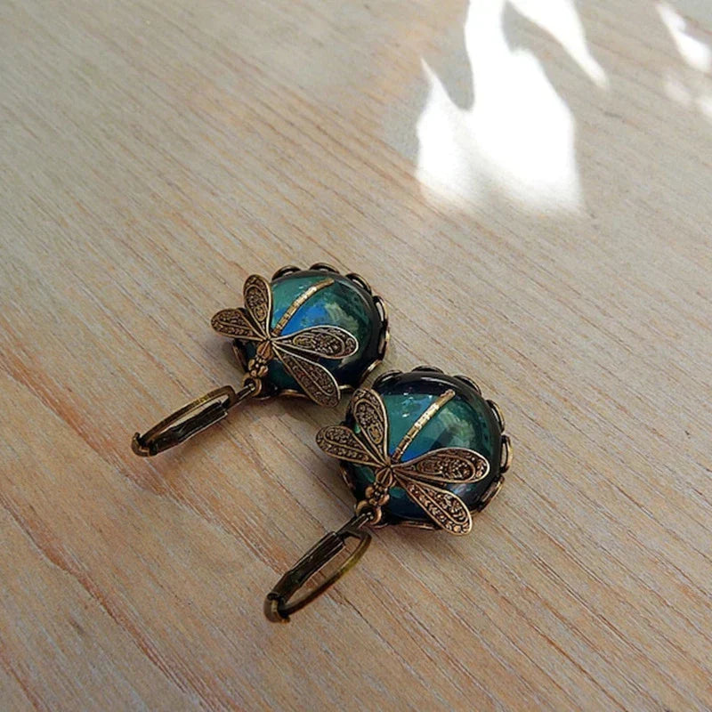 Antique Gold Dragonfly Earrings with Crystal