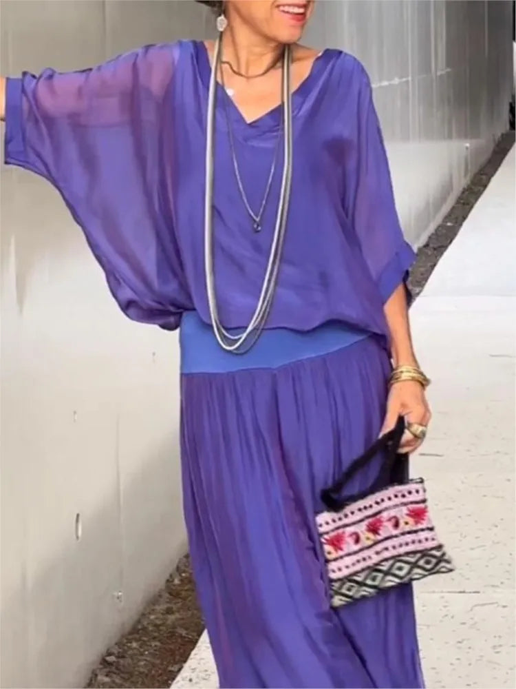 Mia - Ensemble Chiffon à Jambes Larges en V