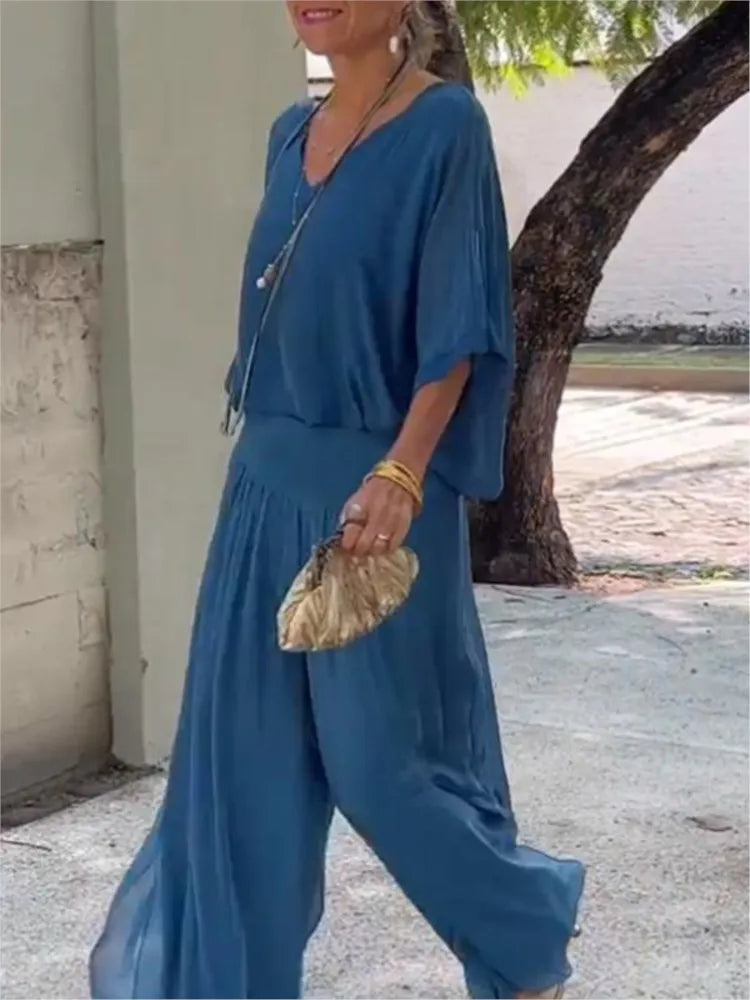 Mia - Ensemble Chiffon à Jambes Larges en V
