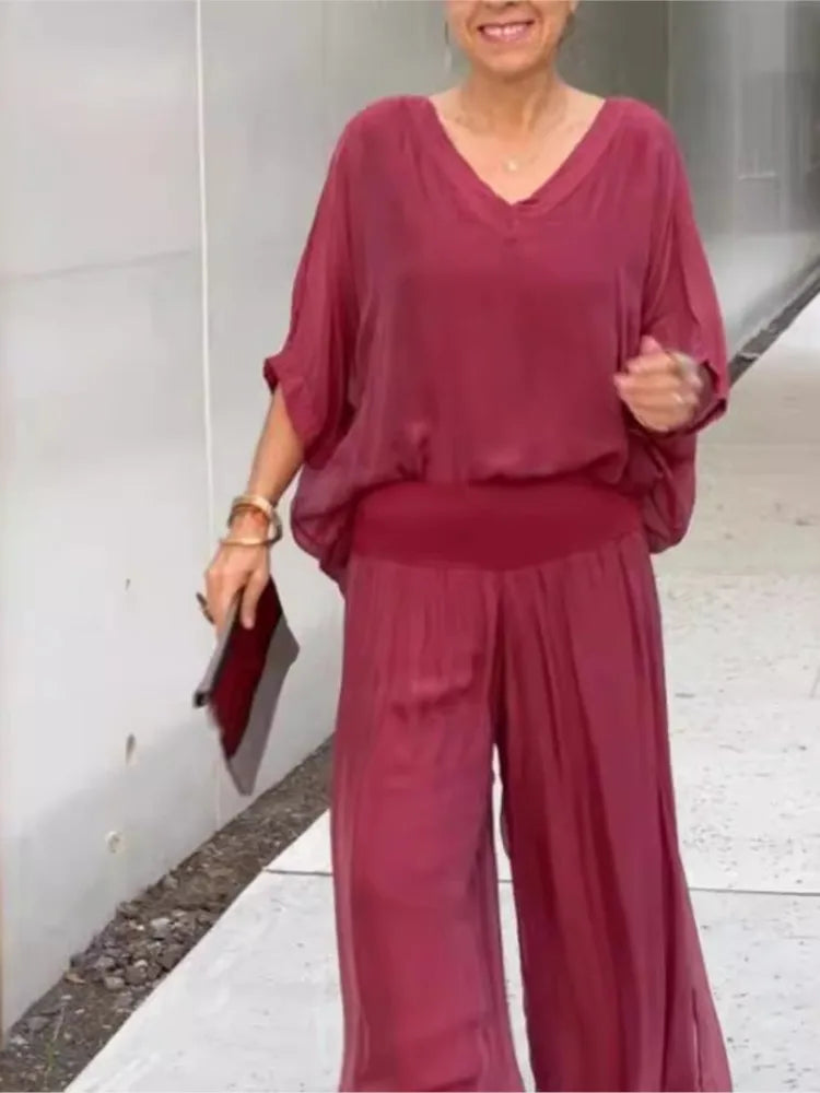 Mia - Ensemble Chiffon à Jambes Larges en V