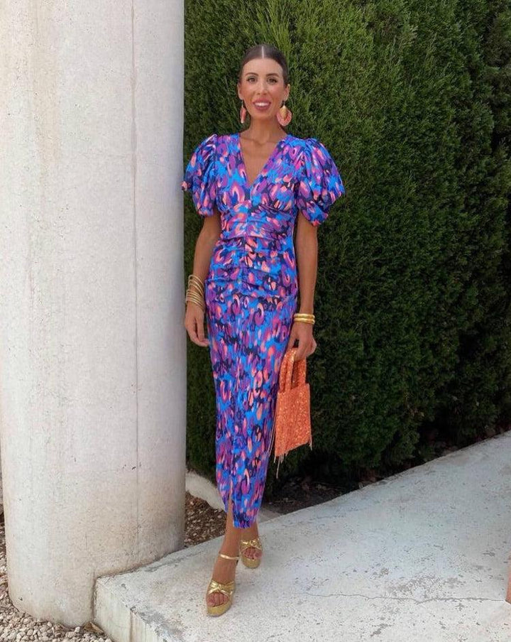 Loren - Robe Midi à Manches Bouffantes Vibrantes
