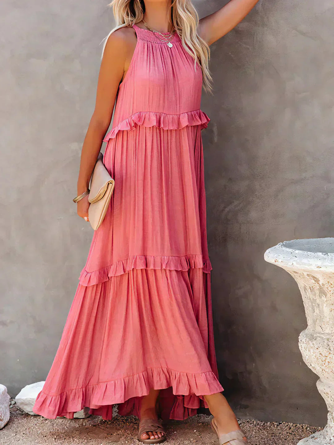 Emilia - Robe Maxi à Volants avec Col Halter
