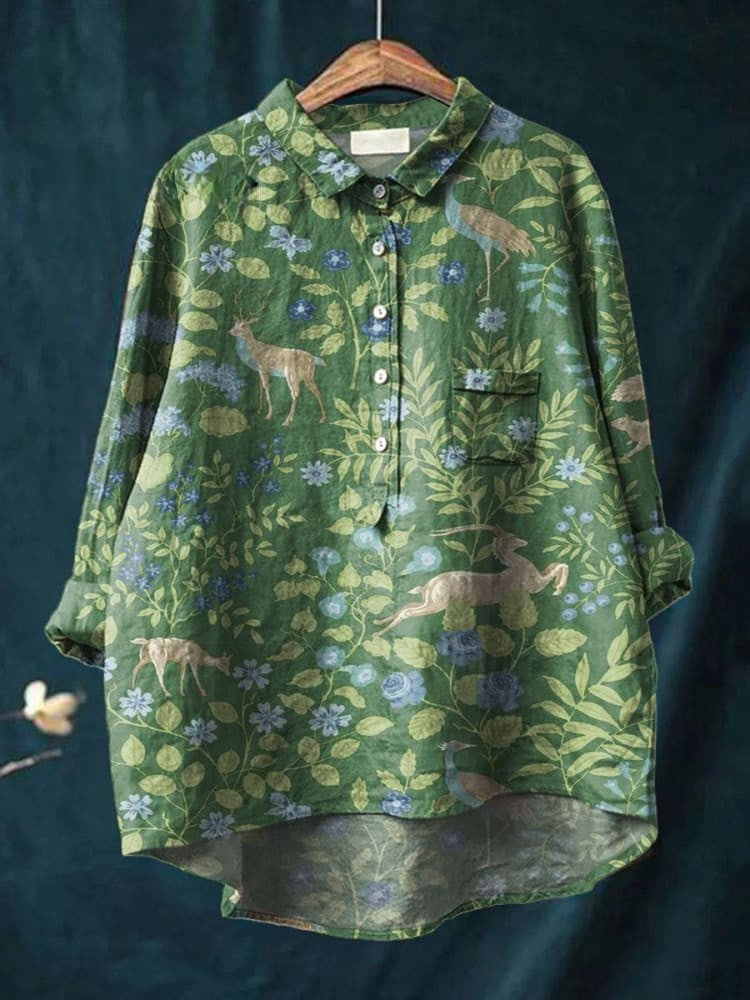 Chemise Décontractée en Coton et Lin avec Imprimé Art Floral Animaux pour Femmes
