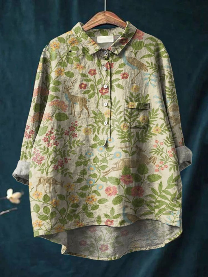 Chemise Décontractée en Coton et Lin avec Imprimé Art Floral Animaux pour Femmes