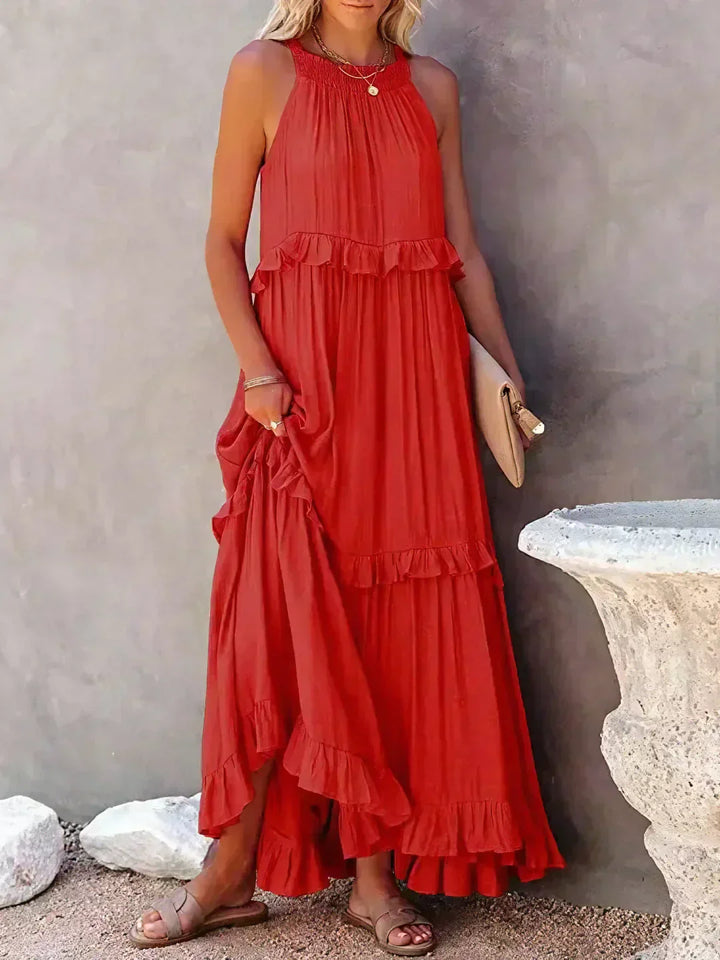 Emilia - Robe Maxi à Volants avec Col Halter