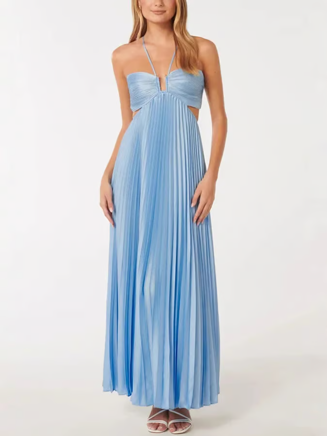 Dara - Robe Maxi fluide plissée sans manches et sexy à col halter bleu