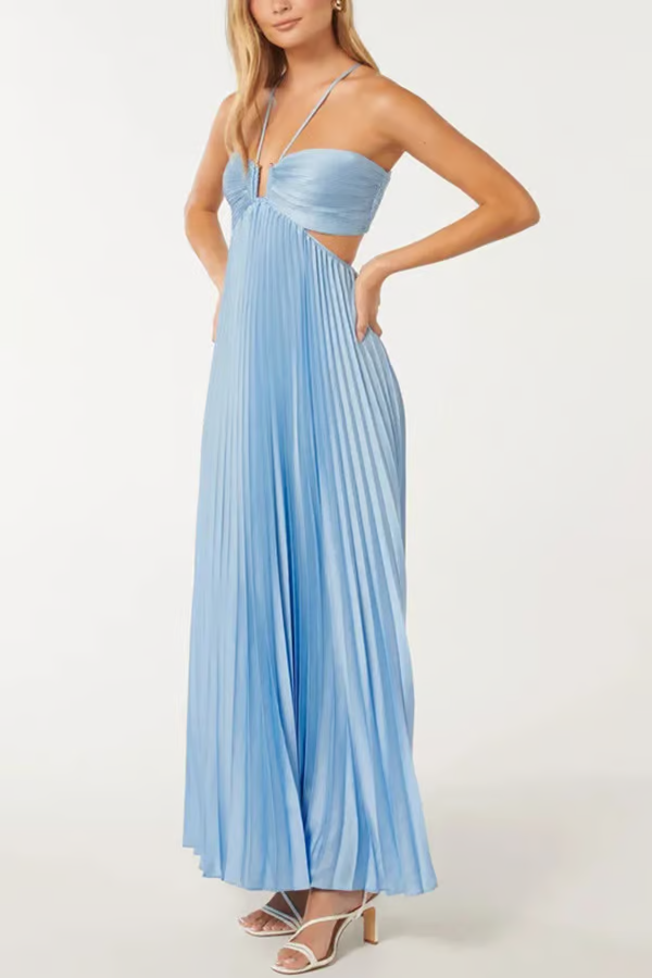 Dara - Robe Maxi fluide plissée sans manches et sexy à col halter bleu