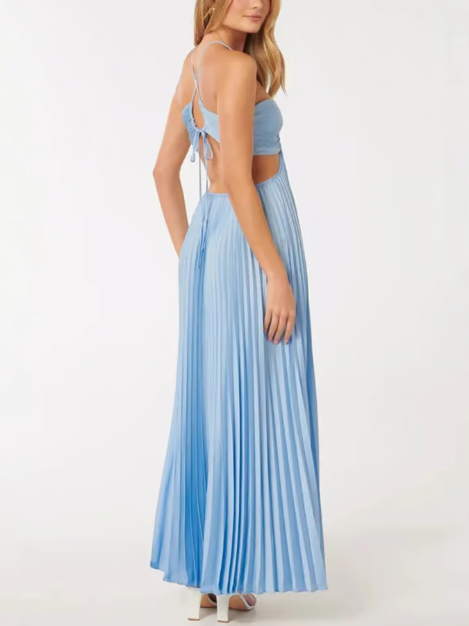 Dara - Robe Maxi fluide plissée sans manches et sexy à col halter bleu