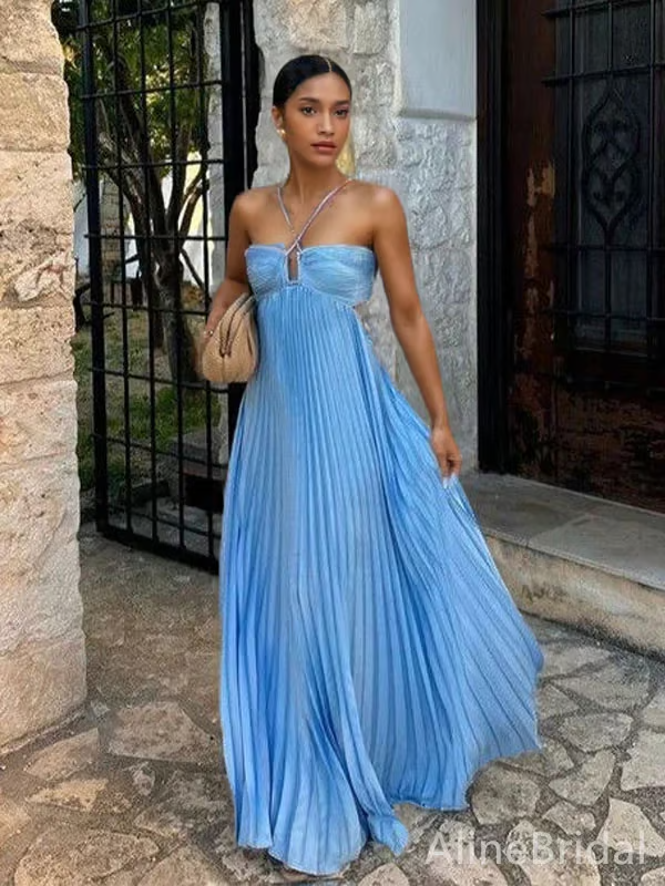 Dara - Robe Maxi fluide plissée sans manches et sexy à col halter bleu