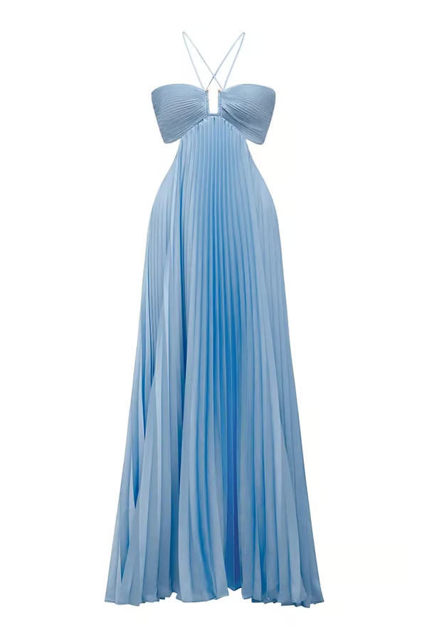 Dara - Robe Maxi fluide plissée sans manches et sexy à col halter bleu