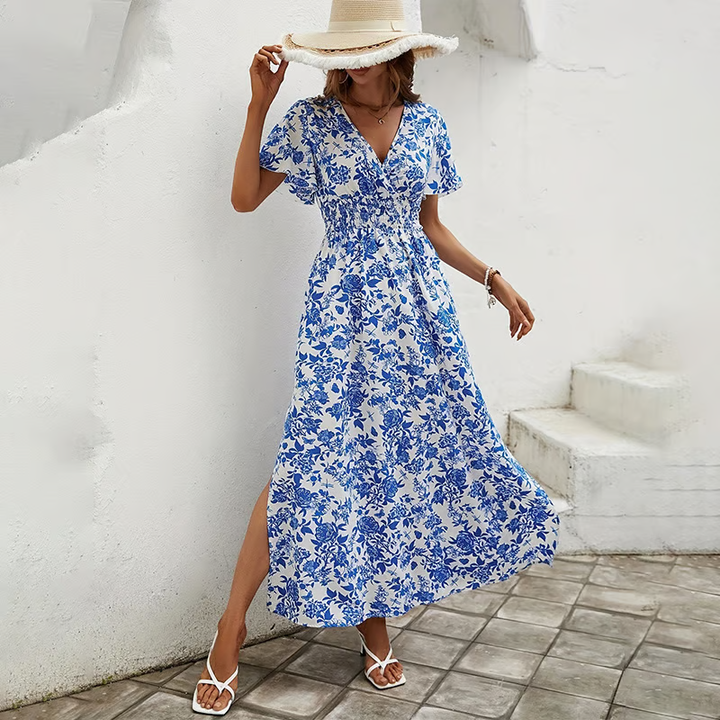 Brina - Robe Maxi amincissante à imprimé floral bleu en V