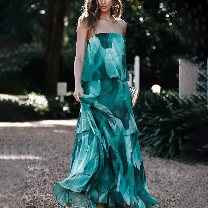 Chelsea - Robe Maxi Imprimée à Épaules Dénudées et Volants