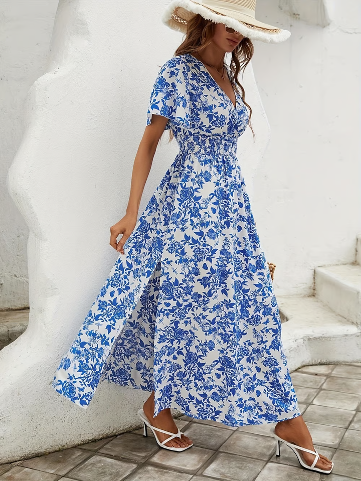 Brina - Robe Maxi amincissante à imprimé floral bleu en V