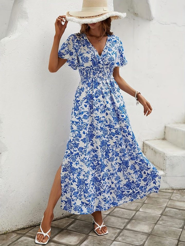 Brina - Robe Maxi amincissante à imprimé floral bleu en V