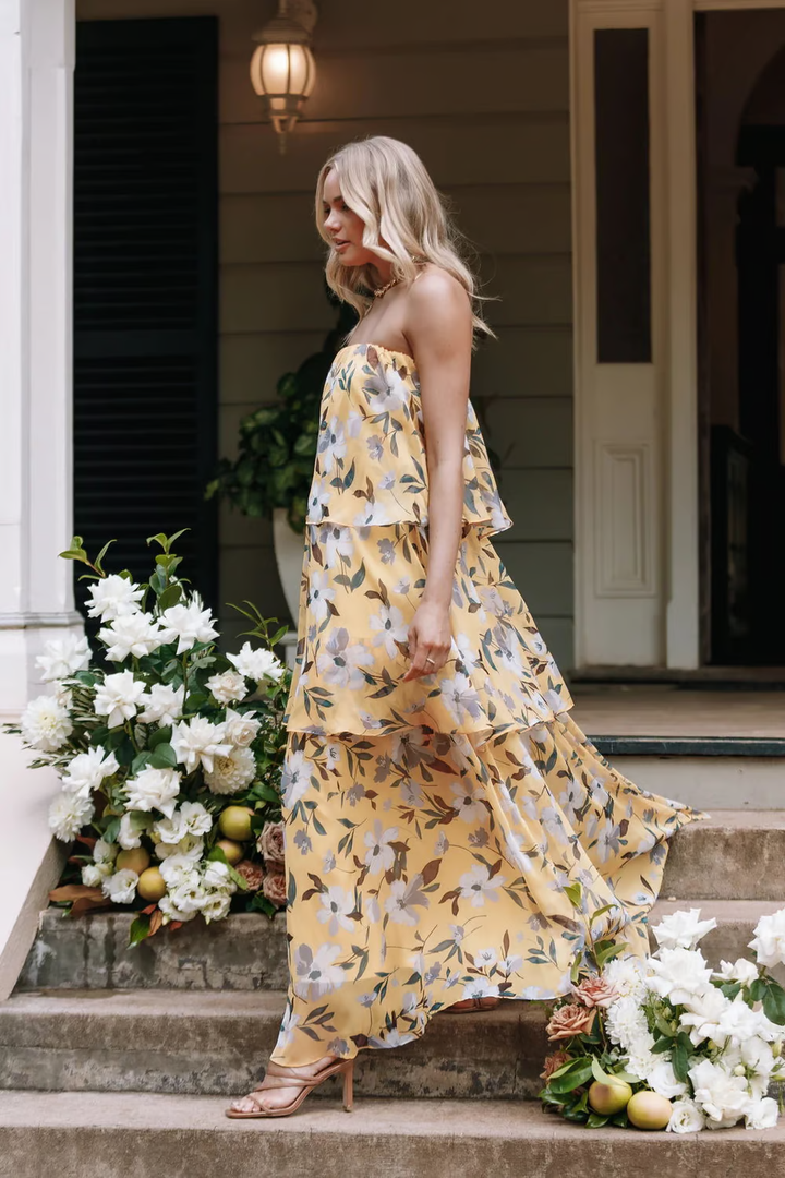 Chelsea - Robe Maxi Imprimée à Épaules Dénudées et Volants