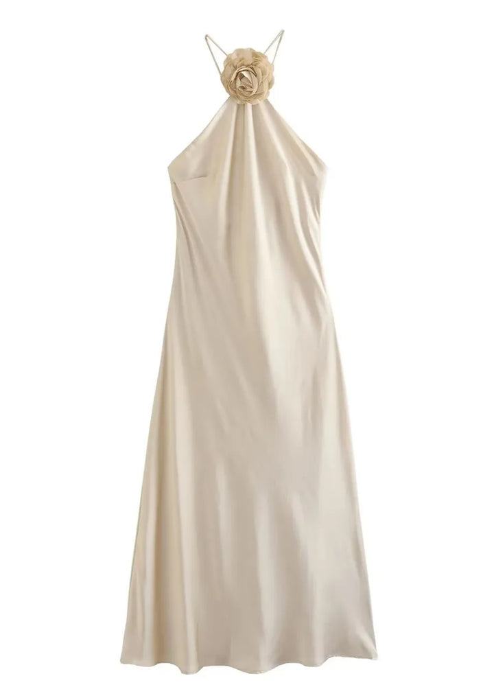 Elora - Robe Maxi Dos Nu en Satin à Encolure Halter